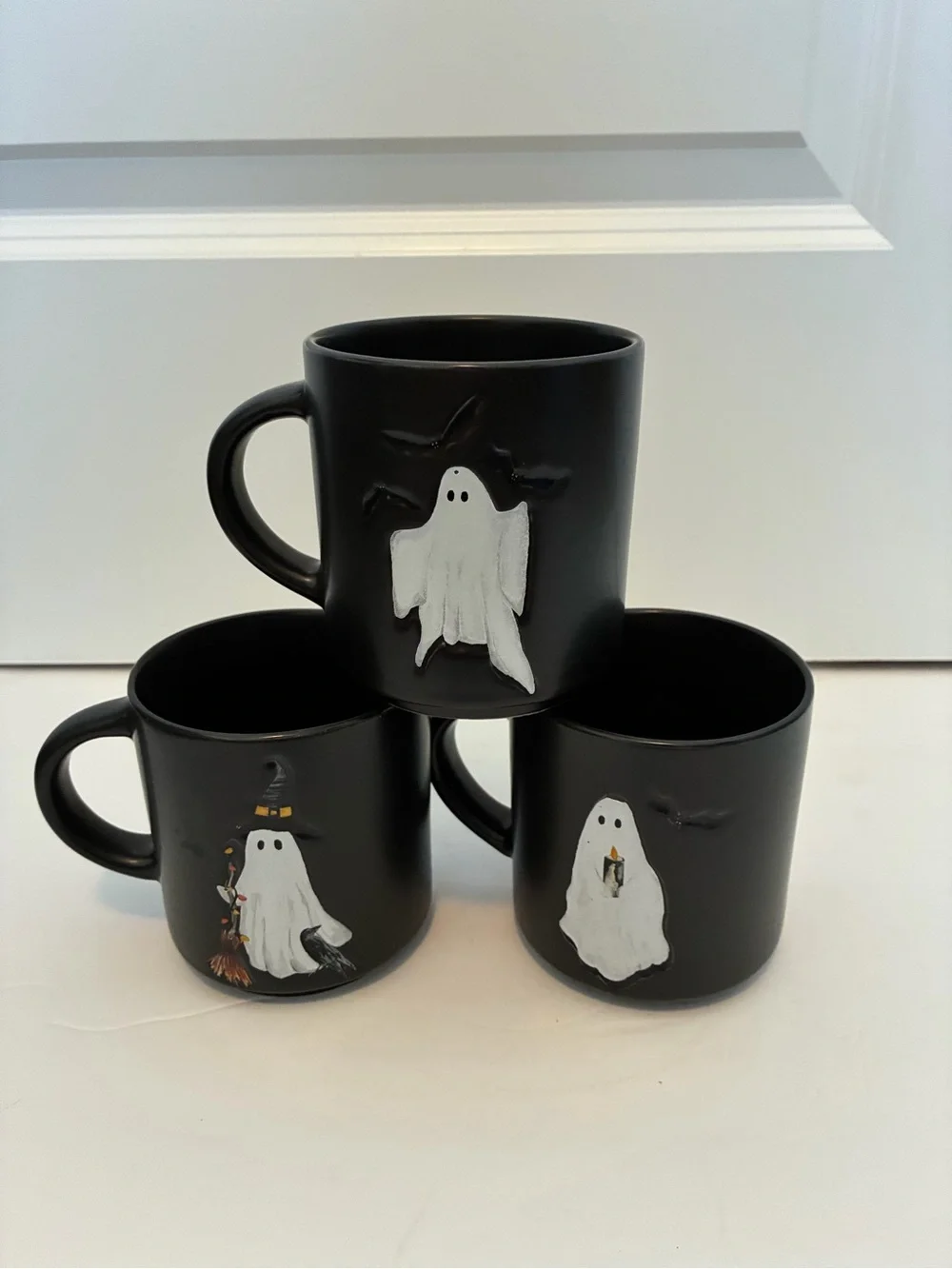 Pottery Barn Black Ceramic Ghost Mugs - Set of 3